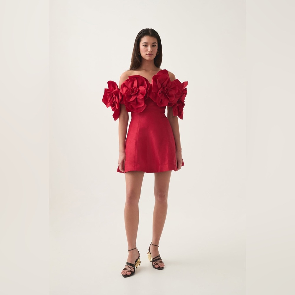 Aje Red Etta Floral Applique Embellished Bardot Mini Dress NWOT AU4/US0